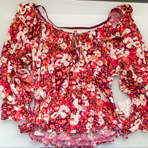 NWT Free People Sweet Memories Pink Multi Floral Print Ruffled Puff Sleeve Top - Picture 6 of 11